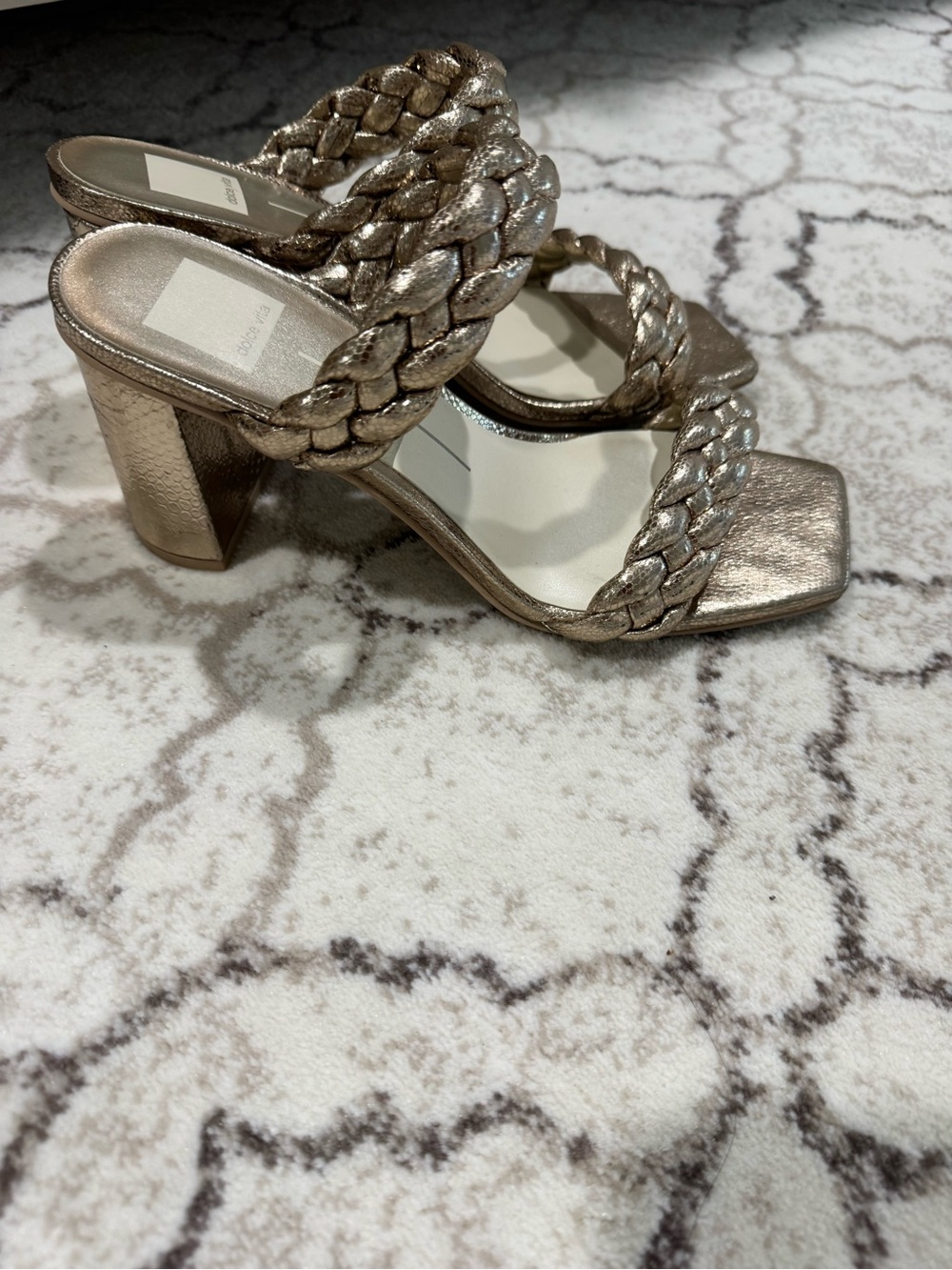 Braided Strap Square-Toe Heeled Sandals in Pink, Taupe, off White, Metallic. - Picture 4 of 10